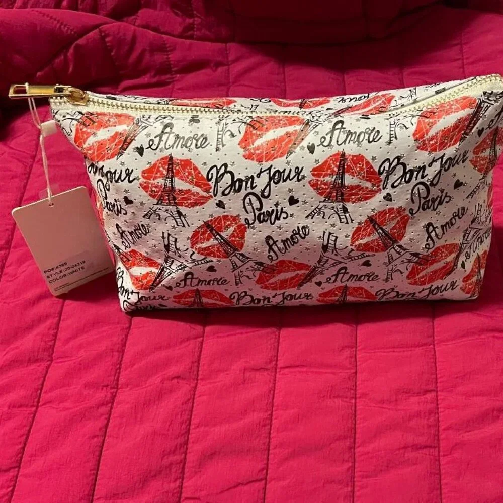SPARKLE BON JOUR AMORE PARIS EIFFEL TOWER BLUSH CRUSH COSMETIC / MAKE - UP BAG